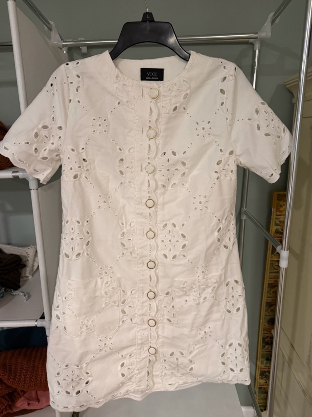 VICI White Eyelet Button-Front Mini Dress